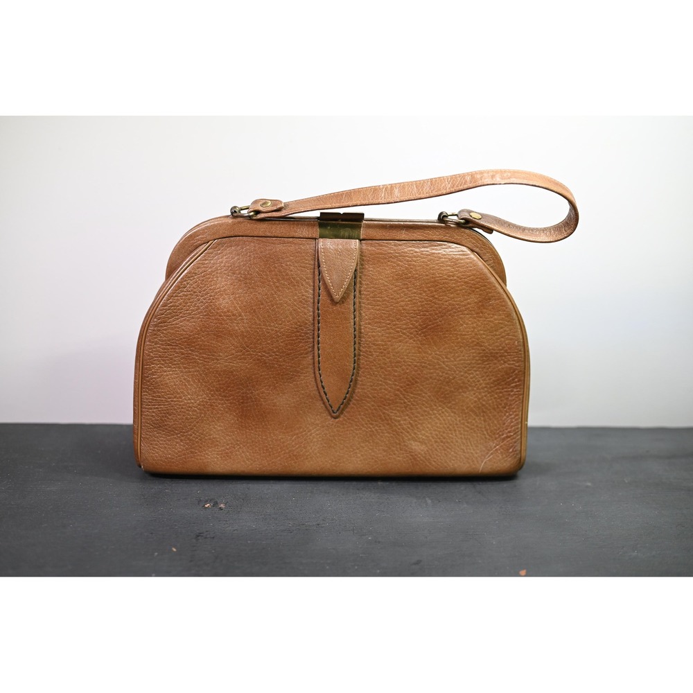 Vintage Brown Clasp Handbag Faux Leather Top Handle Satchel Heraldic Lining